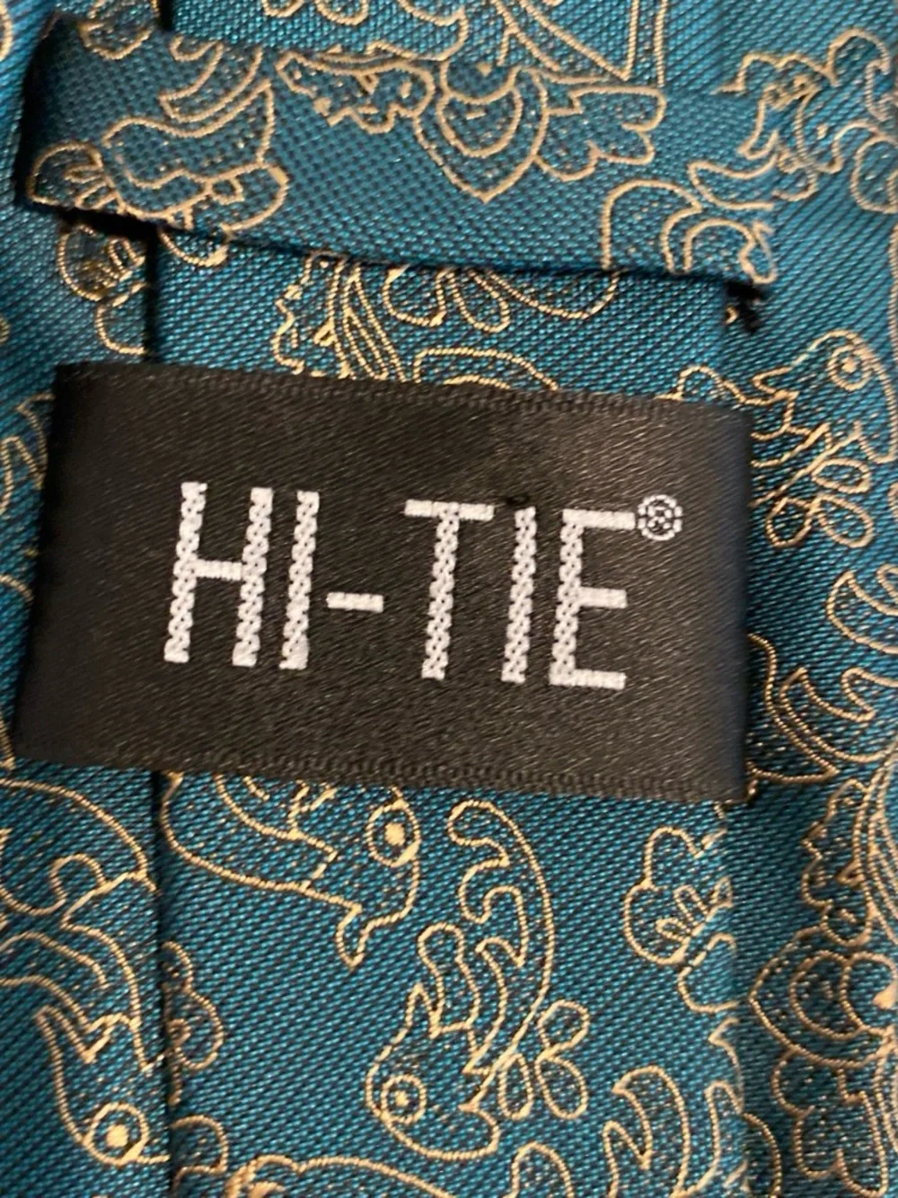 Hi-Tie Mens Teal Paisley Men’s Silk Tie with Gold Paisley Accents